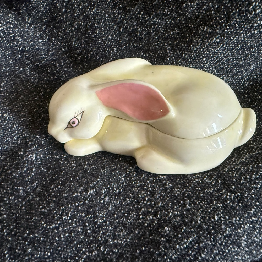 Rabbit Sleeping Bunny Figural Vintage Trinket Box Hand Painted